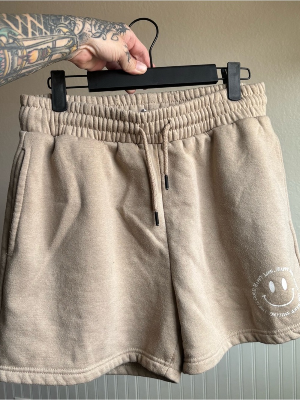Large Beige Smiley Graphic Fleece Shorts